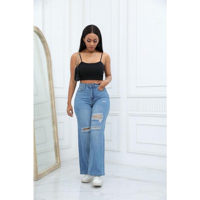 Autumn and Winter Women's Pant Temperament Broken Hole Wide-legged Trousers Jeans