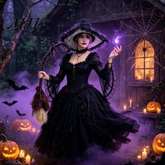 Party Atmosphere Decoration Halloween Witch Broom, Black Tulle Cosplay Costume, Gothic Plastic Broomstick Rose Skeleton Hand for Party, Home