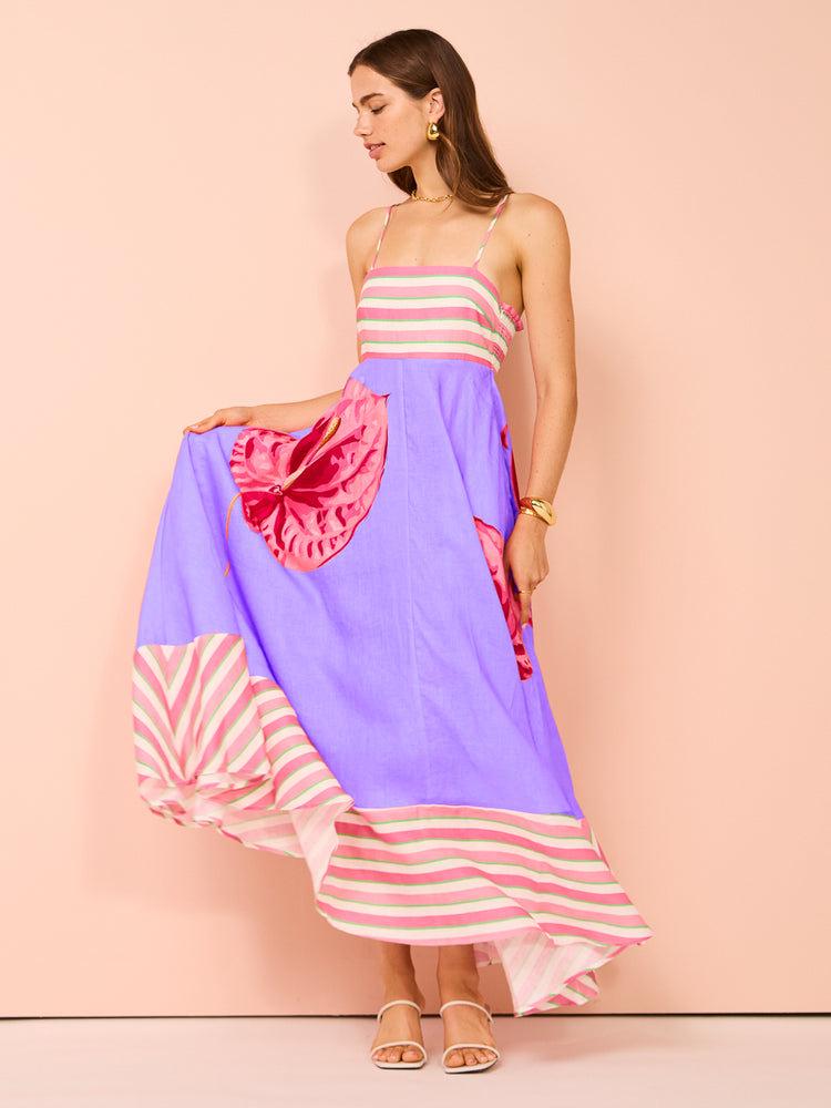 Evropské a americké dámské elegantní letní šaty s vysokým pasem a rostlinným potiskem (2025)