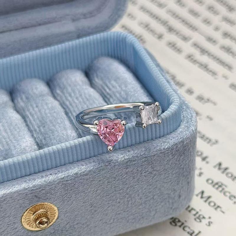 Sweet Crit Pink Zircon Love Open Ring Light Luxury High-End Niche Design Stacked Ring Woman