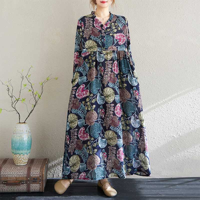 Real Spring and Summer New Retro Cotton and Linen Printing Loose Casual Fungus Lace Collar Long-sleeved Big Swing Dress