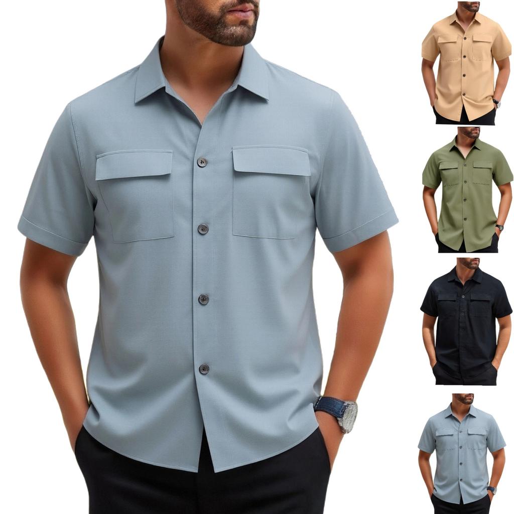 Camicia Estiva alla Moda da Uomo con Doppia Tasca - Camicia Casual Sportiva da Uomo con Bottoni a Maniche Corte