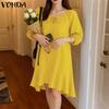 VONDA Women Casual Round Neck 3/4 Sleeve Irregular Ruffled Tunic Dress