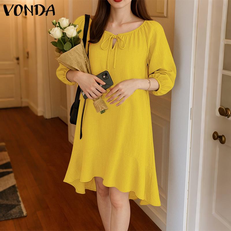 VONDA Women Casual Round Neck 3/4 Sleeve Irregular Ruffled Tunic Dress
