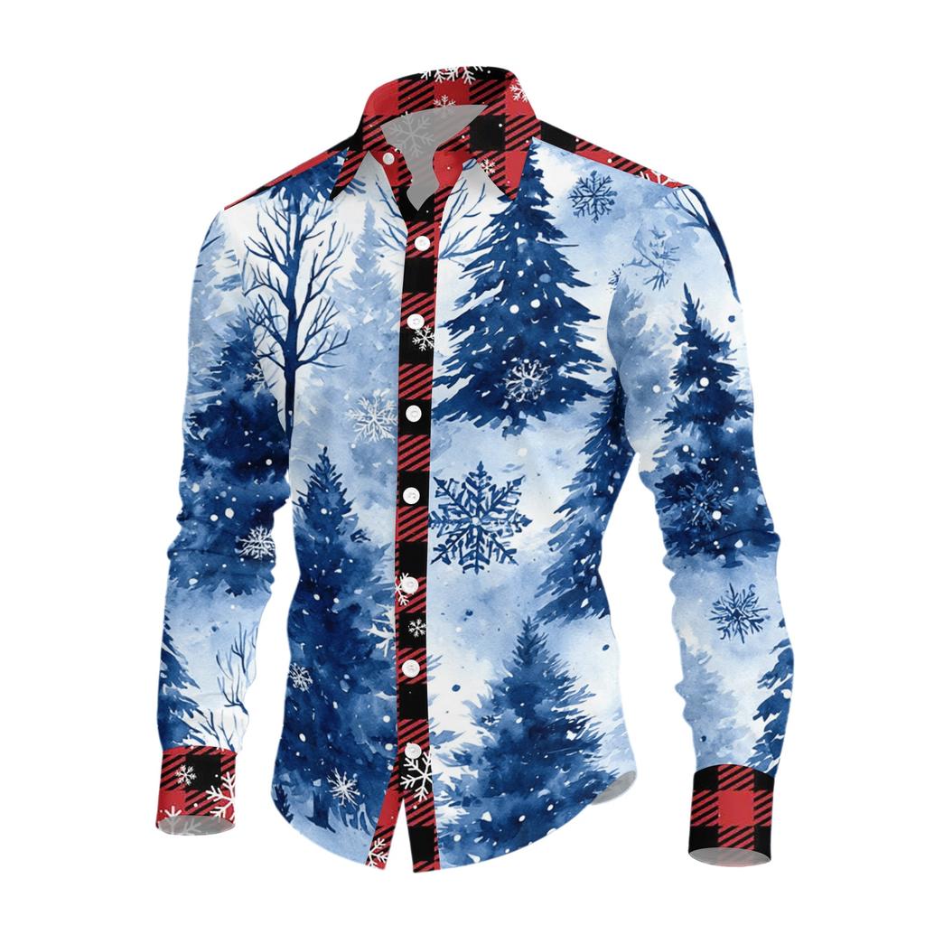 Men's Casual Long Sleeve Shirt with Christmas Print for Spring and Everyday Wear