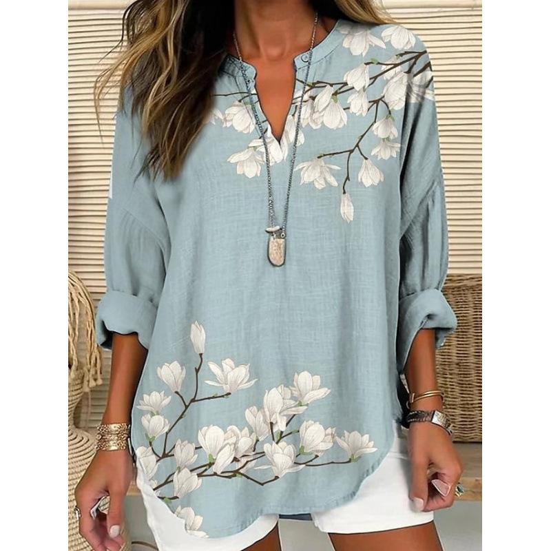 Women's Henley V Neck Long Sleeve Loose Solid Linen Blend Tunic Top Plus Size Casual Blouse