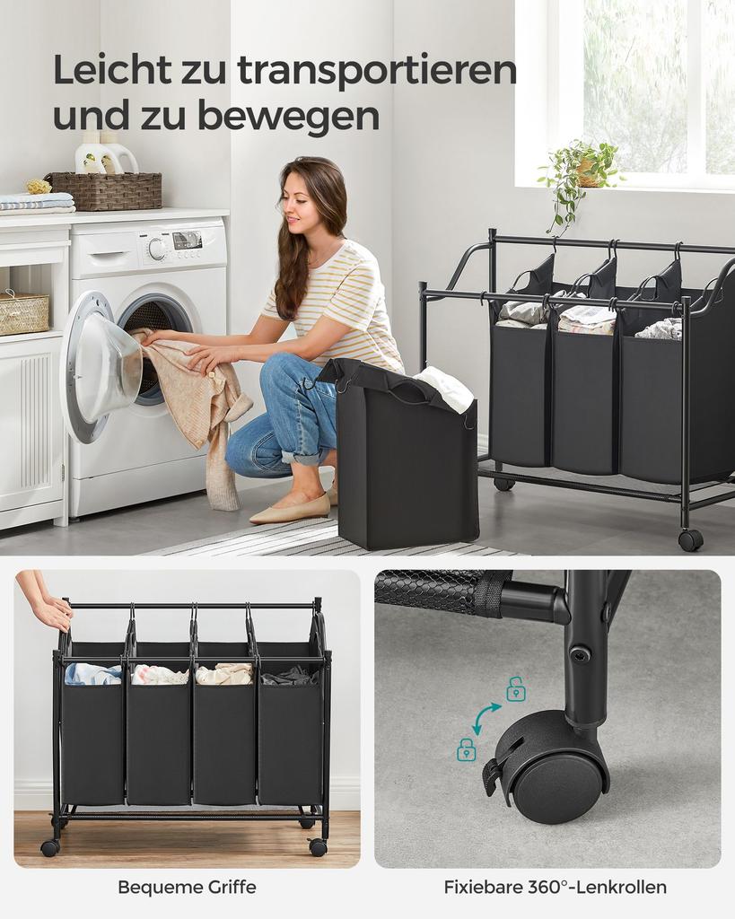 SONGMICS Rolling Laundry Sorter, Laundry Basket with 4 Removable Bags, Laundry Hamper, Laundry Trolley, for Laundry Room, Bedroom, Bathroom, 4 x 35L