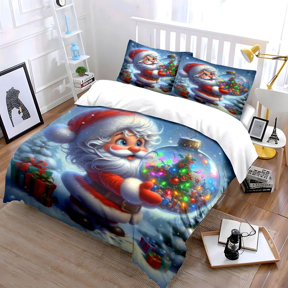 Santa Holding Christmas Ornament Bedding Duvet Cover Set (1*Duvet Cover 2*Pillowcases, without duvet insert)