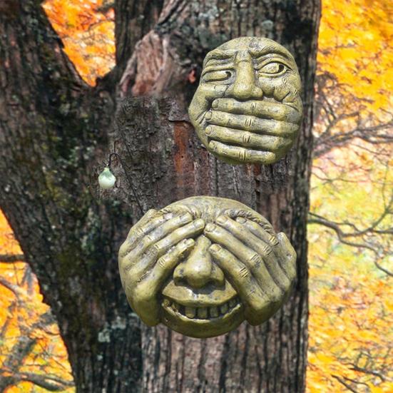 Funny Tree Face Outdoor No Hear No See No Speak Face Statue Garden Tree Hugger Yard Art Decorations for Home Wall Fences Door