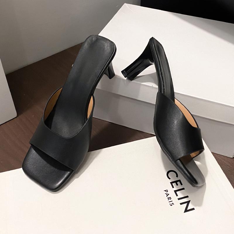Leather French Slim Heel Slippers for Women's Summer New Fashionable Sandals Women Sweet Round Toe Slipper Ladies Shoes