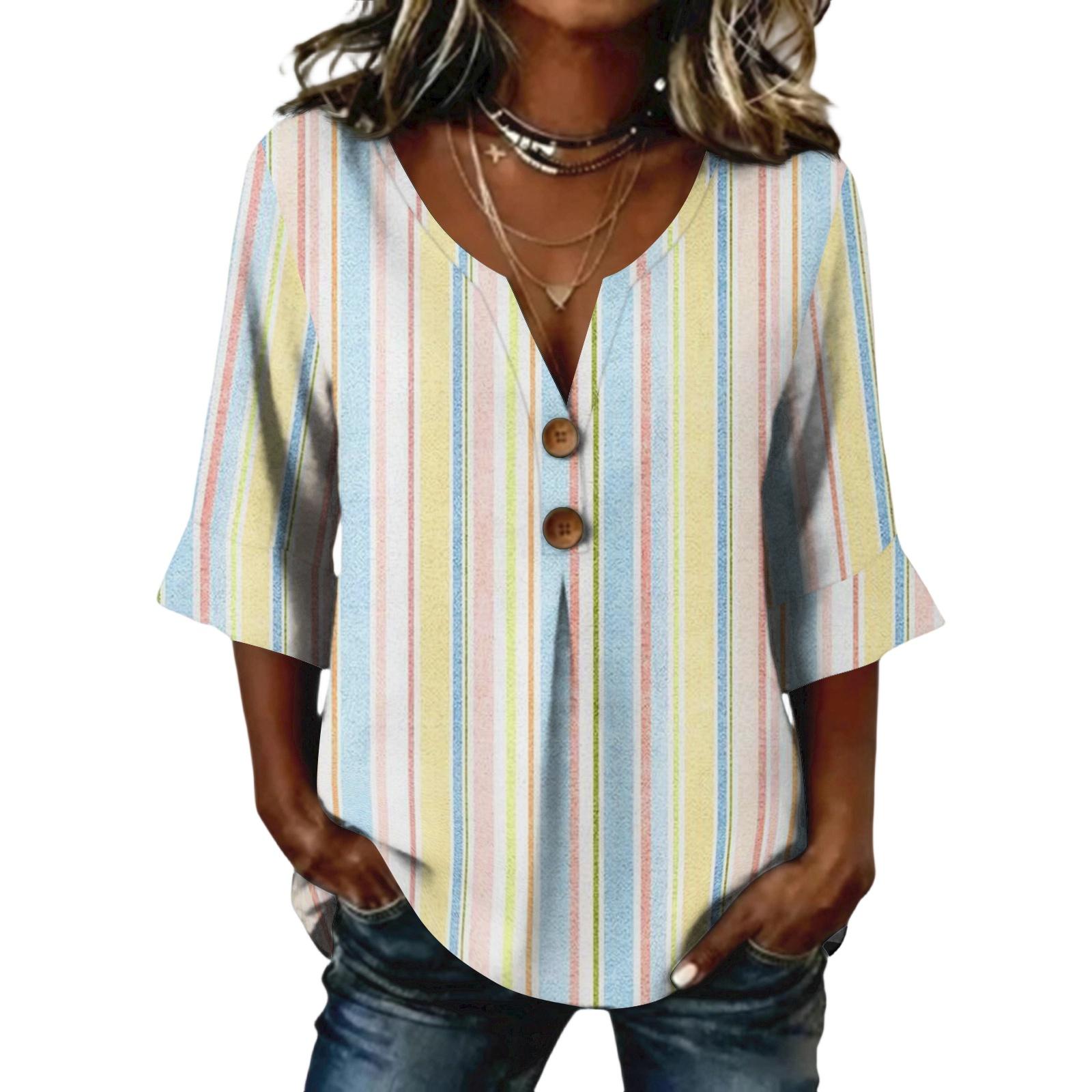 

Ladies striped printed button casual V-neck fashionable seven quarter sleeve top S