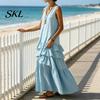 Women Dress Women's Sleeveless Summer Long Tank Dress, V Neck Tiered Layered Lotus Leaf Skirt Ruffle Maxi Casual Loose Flowy Beach Sundress