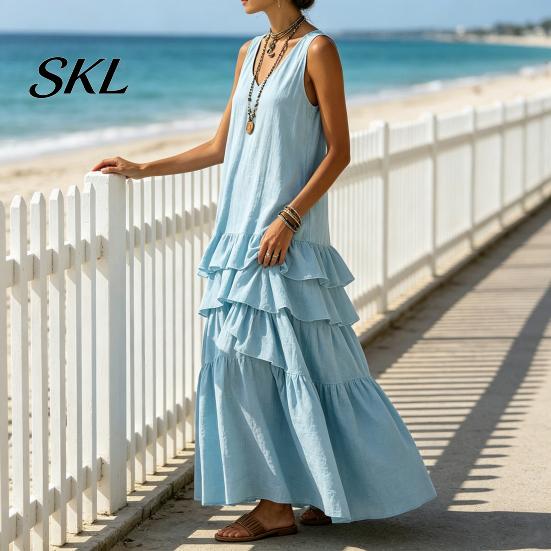 Women Dress Women's Sleeveless Summer Long Tank Dress, V Neck Tiered Layered Lotus Leaf Skirt Ruffle Maxi Casual Loose Flowy Beach Sundress