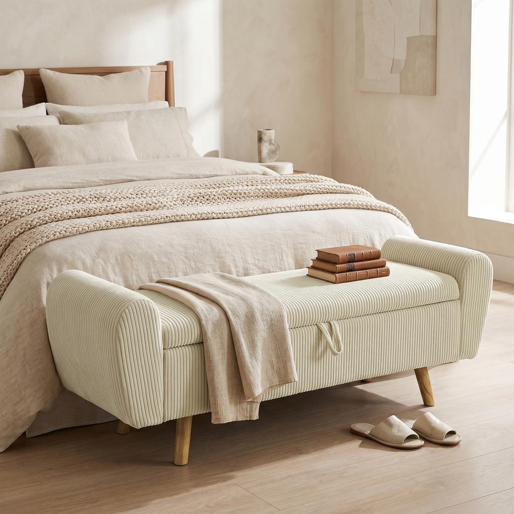 Storage Bench, Upholstered Bench with Corduroy Look, Wooden Legs and Rolled Armrests, Beige