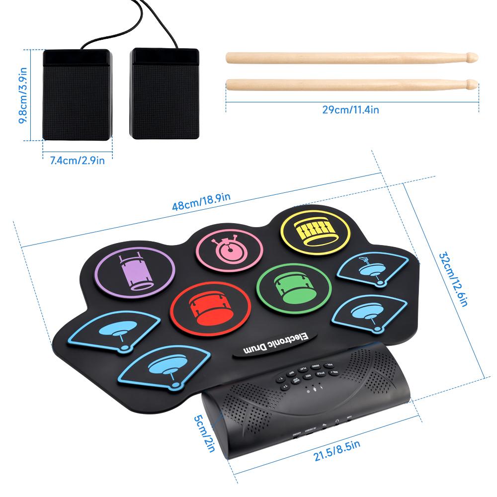 Hand Roll Drum Set 9-Pad Drum Set Built-in Stereo Speakers Foot Pedal Birthday Gift Drum Practice Set