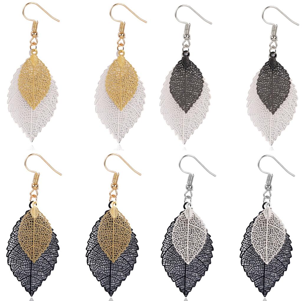 Earrings Leaf Earrings Gold Simple Double Layer Hollowed Out Leaf Earrings Vintage Double Layer Teardrop Straw Large Circle Women's Earrings