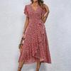Boho Flowy Summer Floral Maxi Dress for Women V Neck Short Sleeve Wrap Beach Dress Casual Long Dress with Ruffle Hem and Split