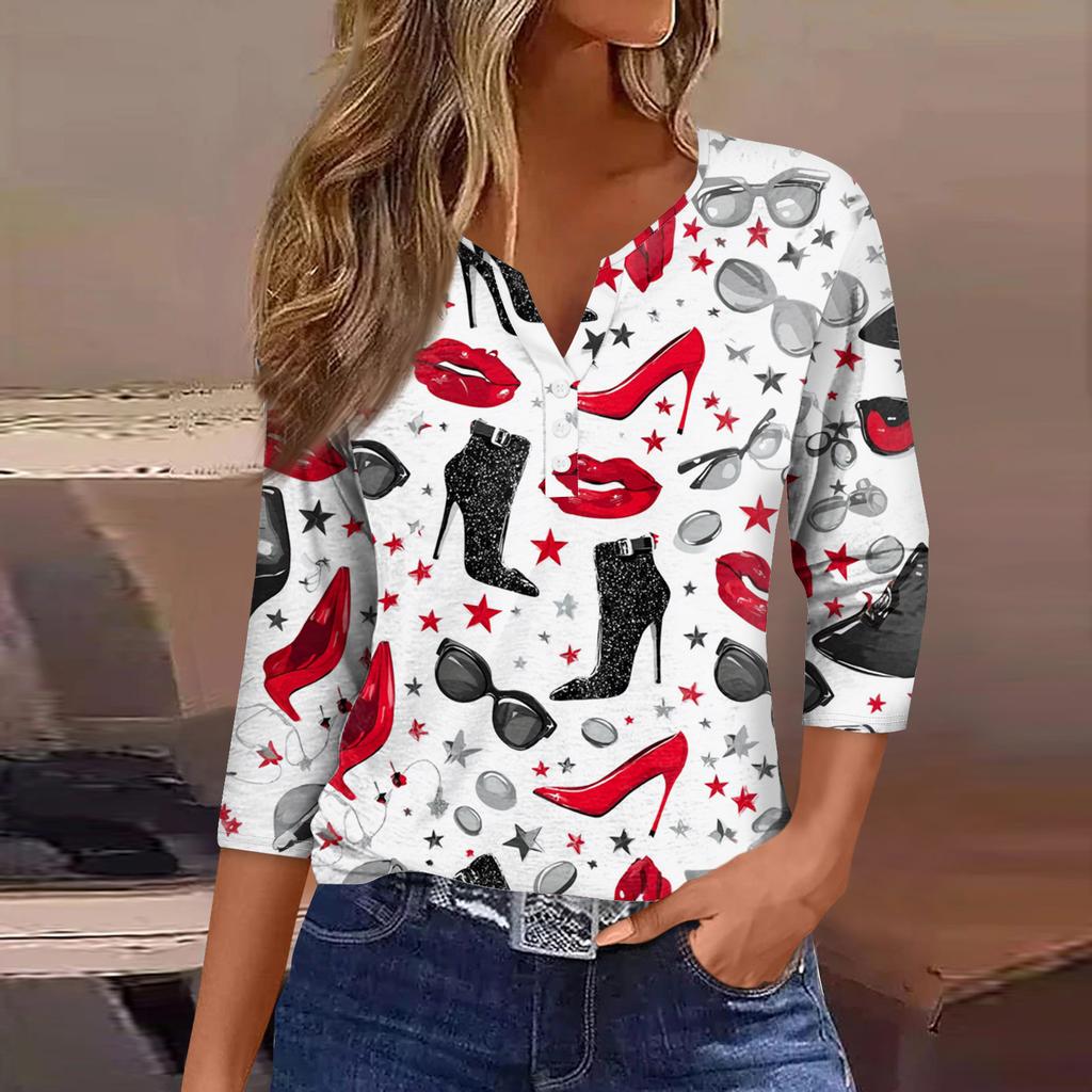 Damen Kragen Valentinstag Print Kurzarm T-Shirt Top