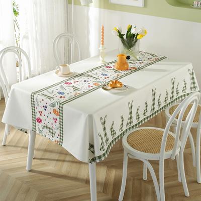 Polyester Print Easter Plaid Rabbit Flower Spring Coffee Table Tablecloth Waterproof Dining Table Cloth Cover Cloth