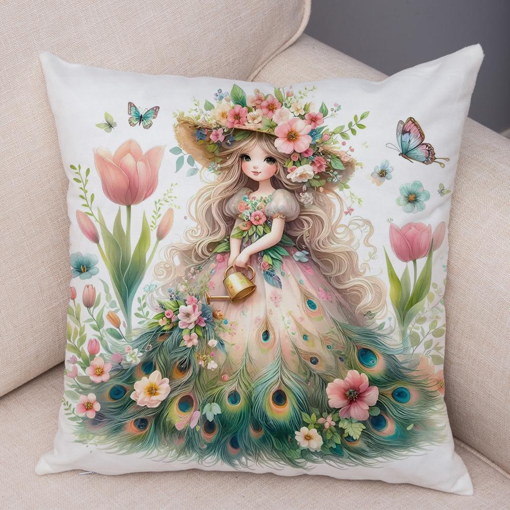 

Peacock Flower Girl Pillow Case Double Print Cushion Cover Decor Cute Cartoon Child Soft Plush Pillowcase for Sofa Home 45x45cm 40x40cm16x16Inch
