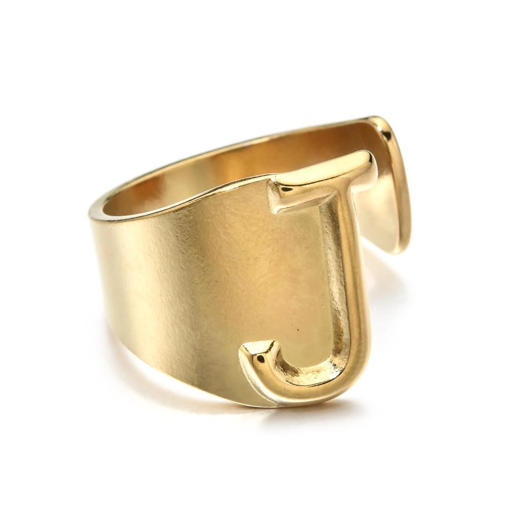 18K Gold Stainless Steel Letter Ring – Fashionable Open European & American Style, Women's Adjustable Titanium Steel Ring