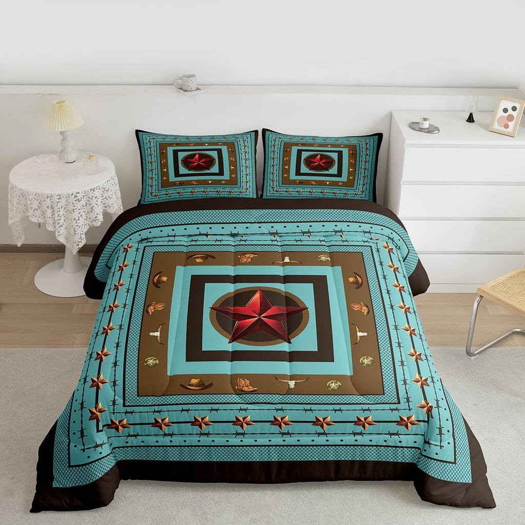 Erose Set Biancheria da Letto Stella del Texas Occidentale Sposa Trapunta Bandiera Americana Retrò Vintage Regali per Uomo Cowboy, Trapunta Patchwork Bianco Rosso e Blu Se
