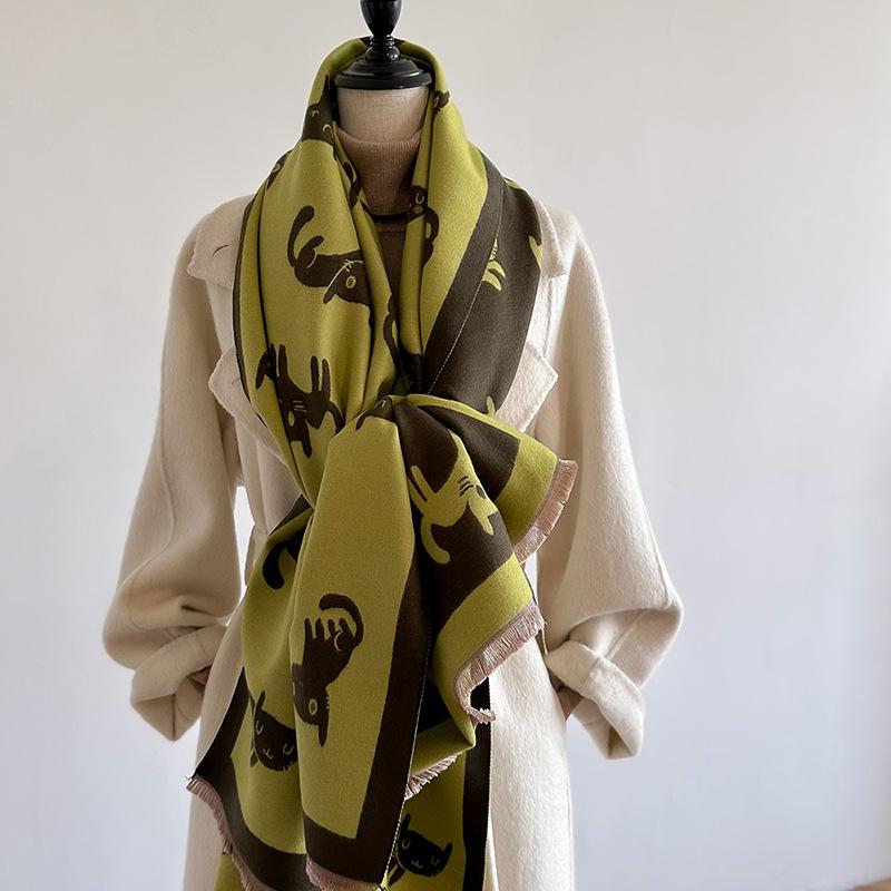 Winter Imitation Cashmere Warm Scarf Female Cute Wind Cartoon Kitten Air Conditioner Decoration Thick Shawl Long Scarf