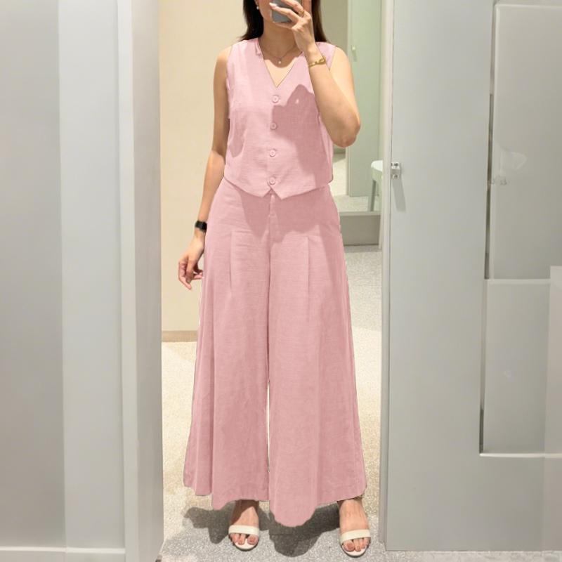 ZANZEA Tops sin mangas y pantalones de pierna ancha para mujer, conjuntos casuales de dos piezas