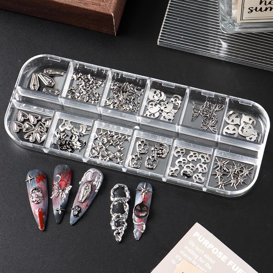 Xiaomi 12 Grids Silver Metal Halloween Nail Art Decorations Y2K Gothic Spooky Cat Skull Coffin Butterfly Star Heart Manicure Nail Decor