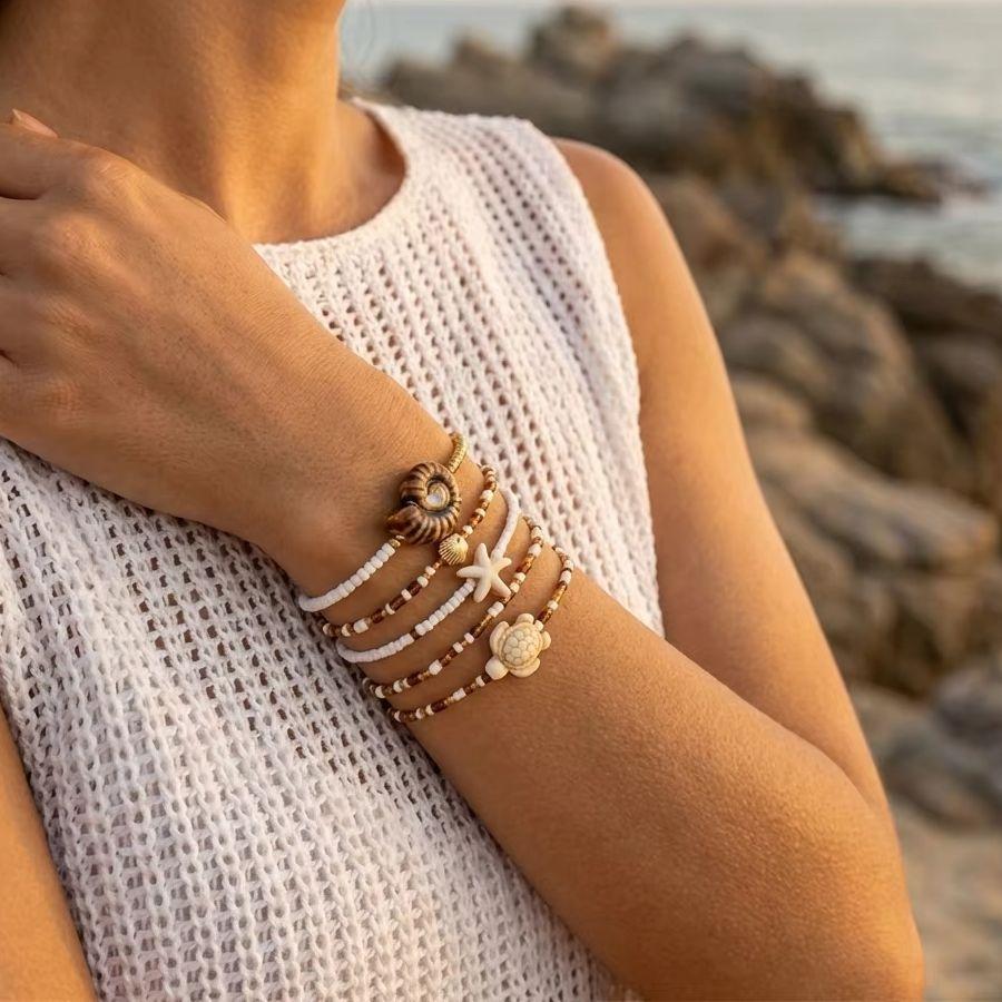 Vintage Shell Imitation Pearl Conch Beads Bracelet Set for Women Fashion Sea Turtle Handmade Bracelet Festival Jewelry Gift