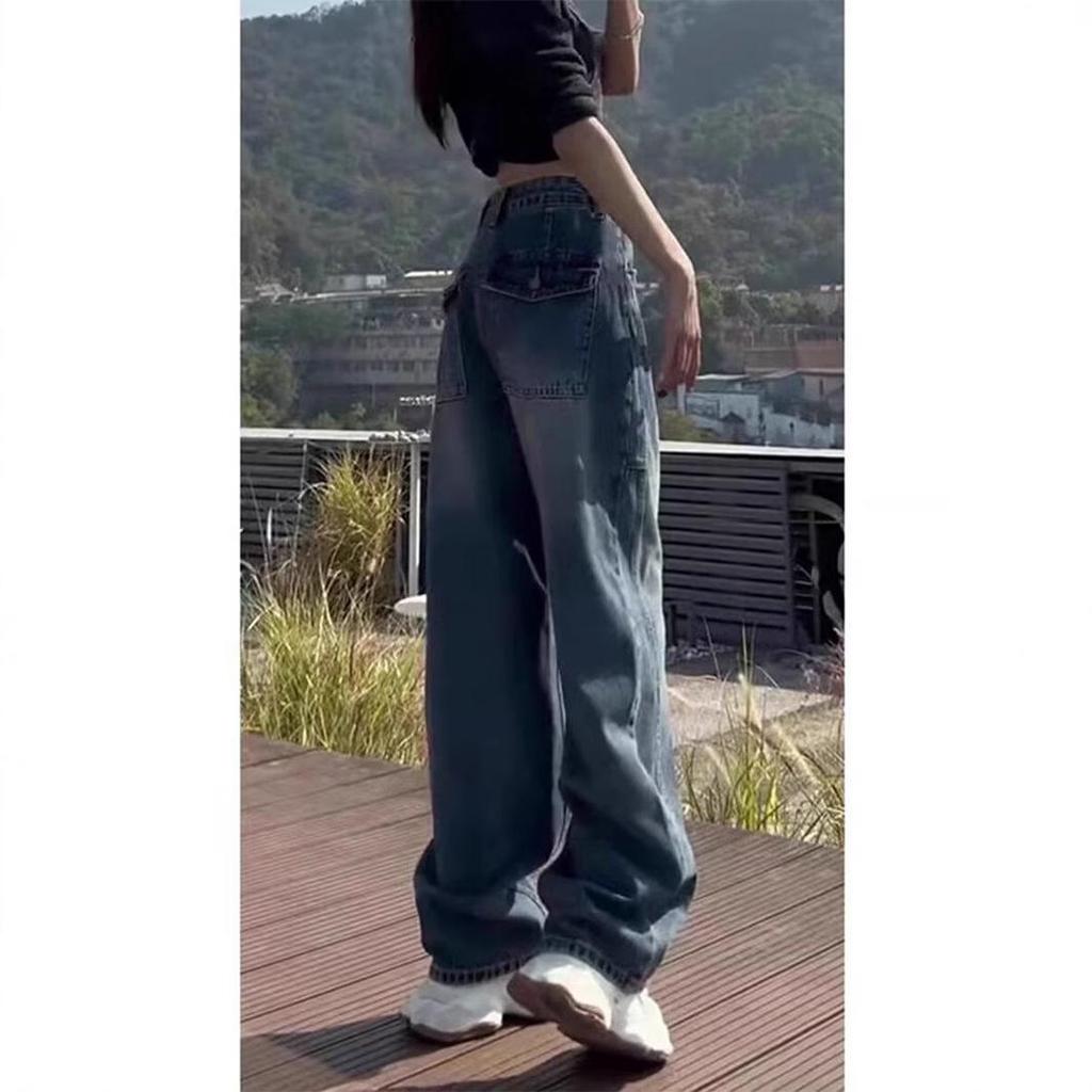 Women's Blue Retro Wide-Leg Jeans - Spring Collection, Floor-Length, Small To Plus Sizes, Trendy and Loose Fit.