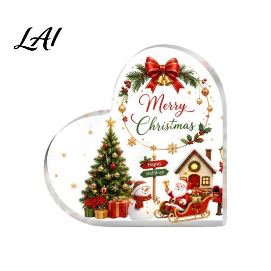 Romantic Christmas Gifts Heart Shaped Acrylic Tabletop Sign 2D Winter Snow Scene Desktop Ornament Home Party Supplies with Santa Snowman &