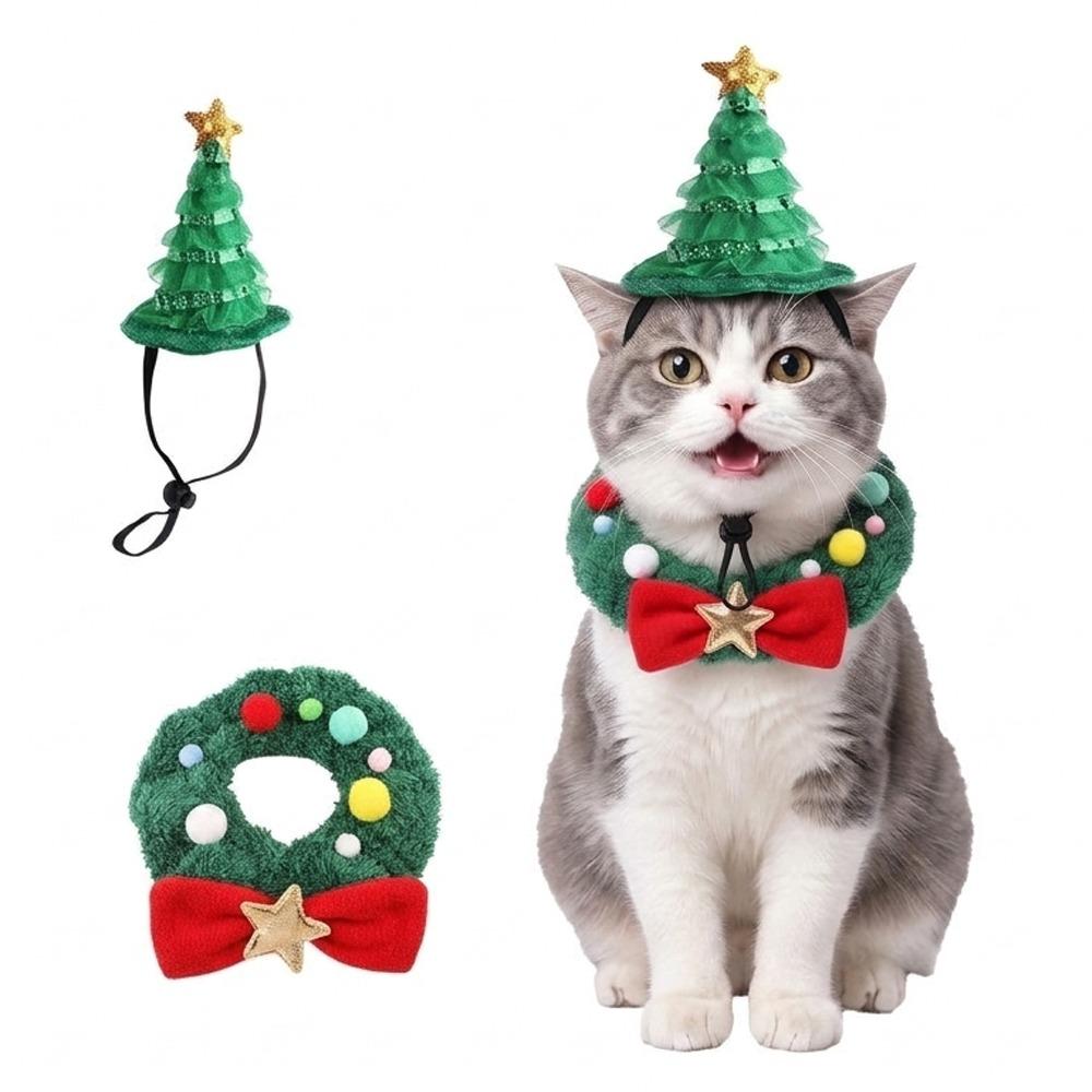 Mit Sternschleife Katze Hund Weihnachtsschal Set Hautfreundlich Haustier Weihnachten Kranz Halsband Feiertagsparty