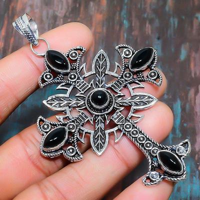 Wonderful Cross Black Onyx Gemstone Handmade 925 Sterling Silver Jewelry Pendant