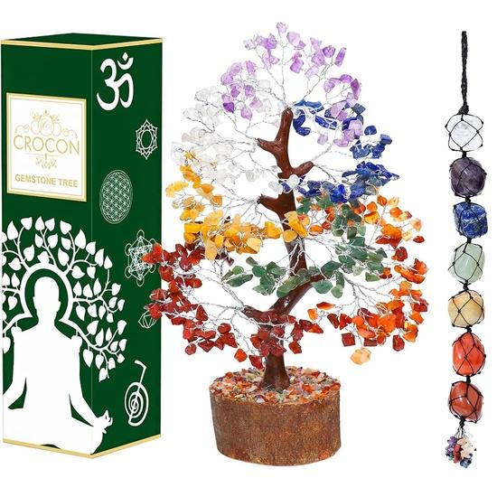 Chakra Tree of Life - 7 Chakra Tumble Stone Hanging, Crystal Tree for Positive Energy - Feng Shui Bonsai, Healing Stone, Attract Good Luck