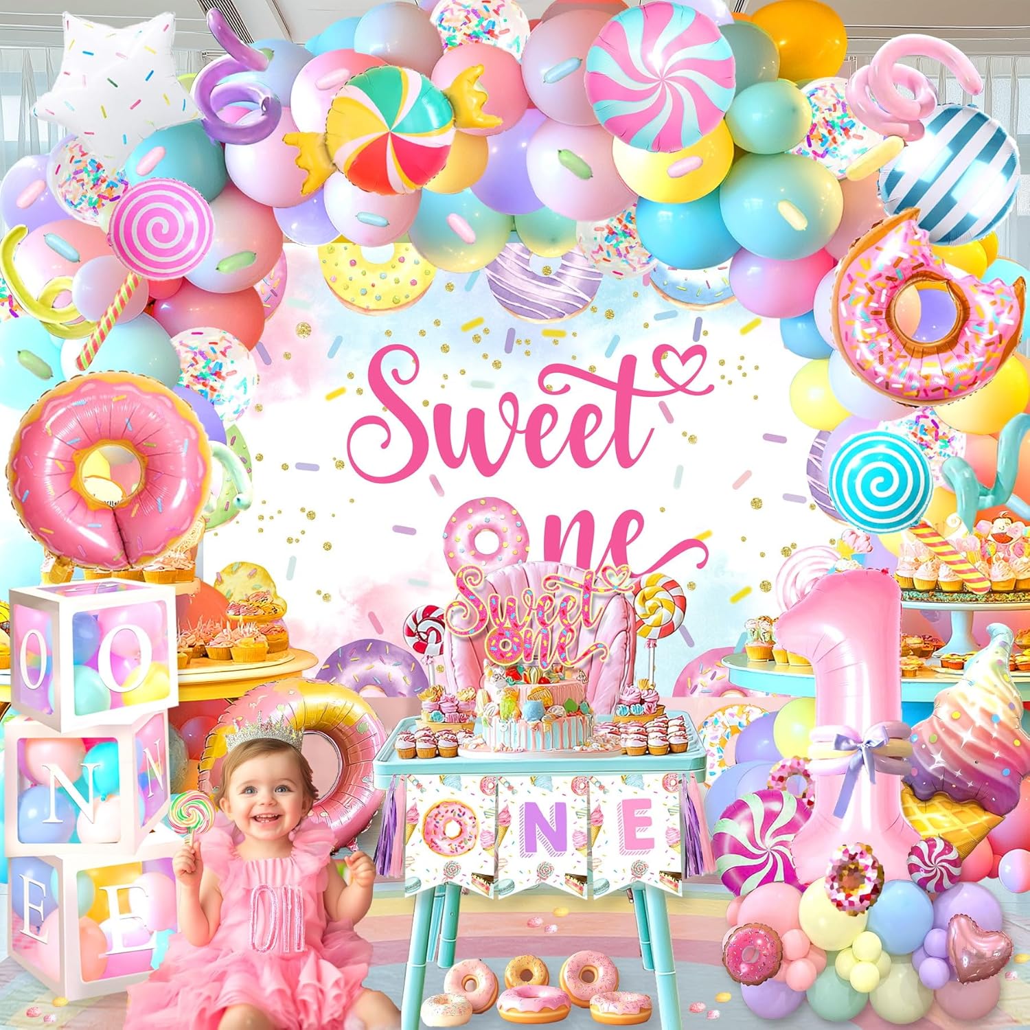 Sweet One Birthday Party Decorations, Backdrop, Donuts Ice Cream Candy Balloons, Balloon Boxes Highchair Banner Cake Topper for Sweet One Birthday