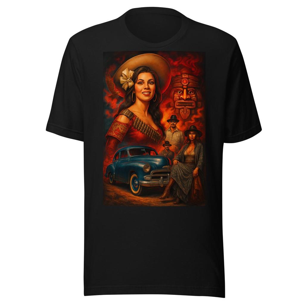 Mexican Revolution Art – Adelita Woman with Vintage Car, Aztec Symbol & Cinematic Fire Unisex t-shirt