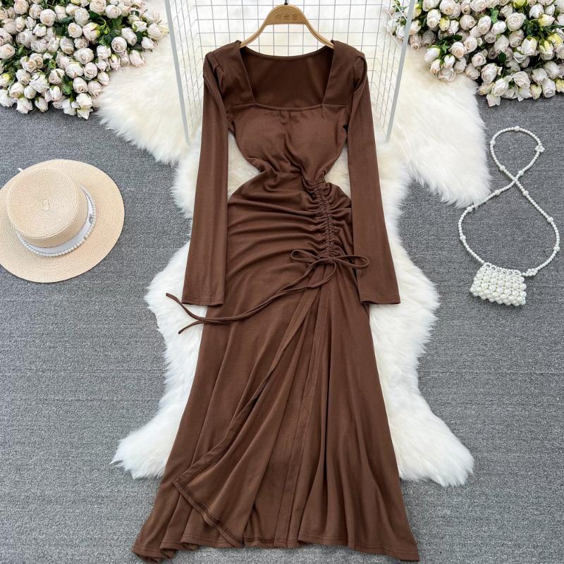 

Женское платье, осеннее повседневное платье в корейском стиле до щиколотки, однотонное, трапециевидное, с квадратным воротником, на шнуровке, элегантные платья