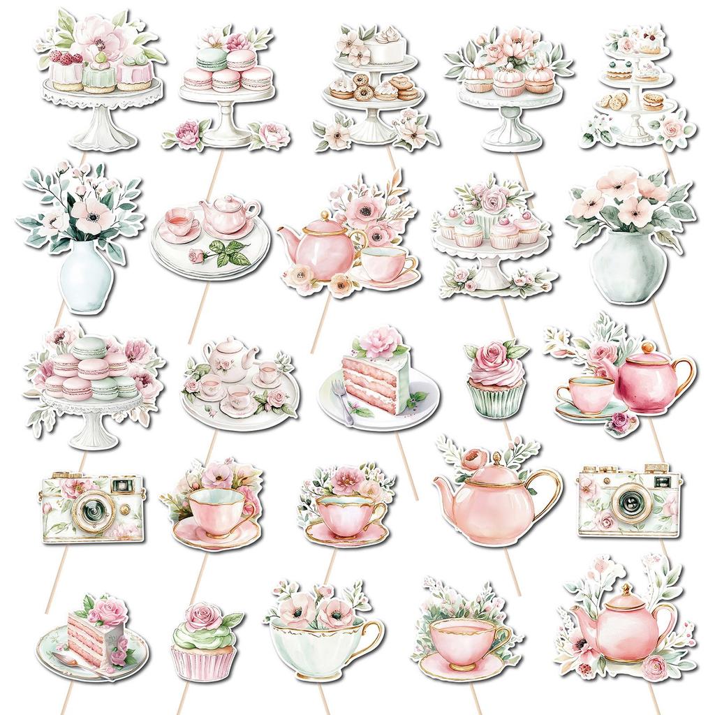 25-Piece Tea Party Cake & Flower Theme Photo Props for Birthday Decorations