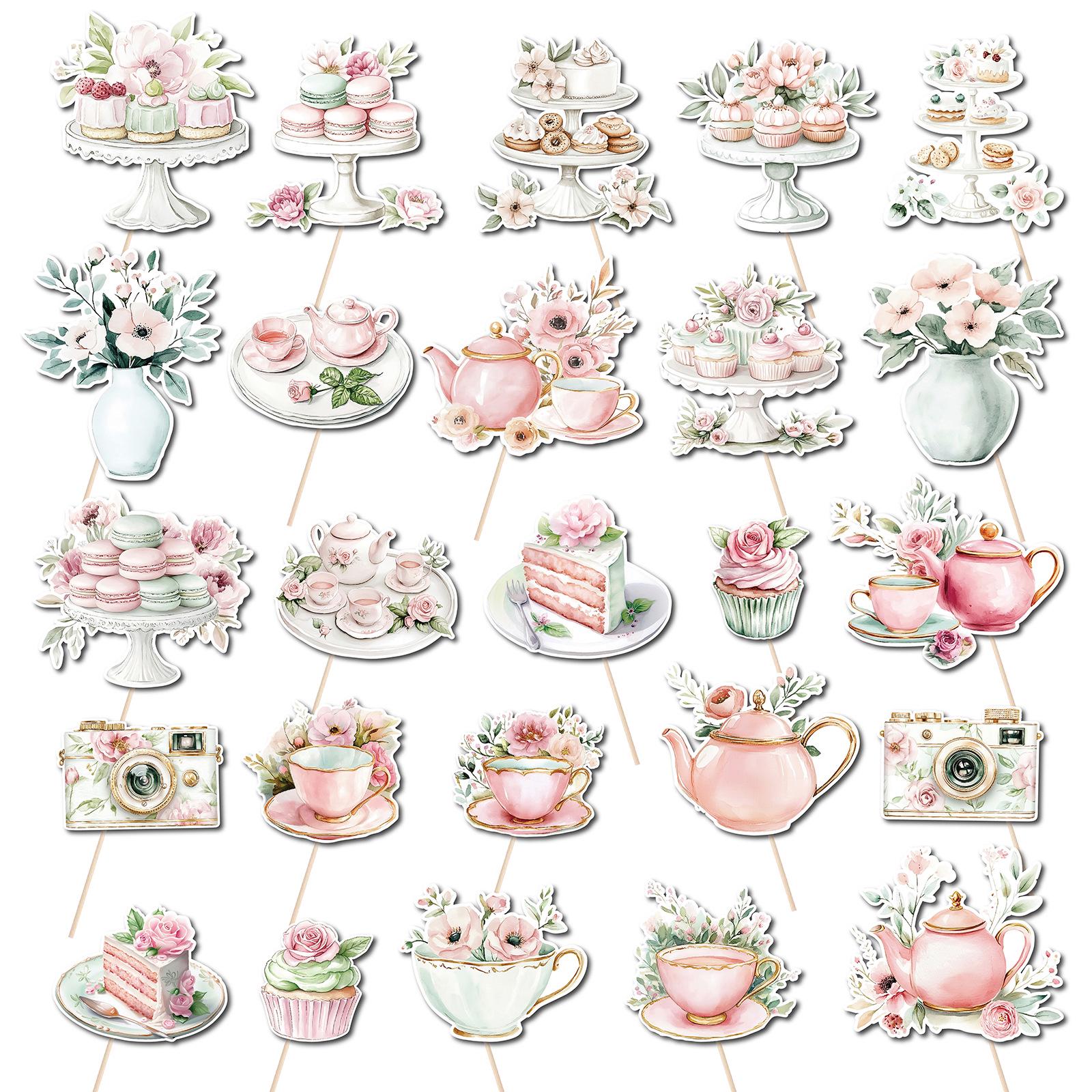 25-Piece Tea Party Cake & Flower Theme Photo Props for Birthday Decorations