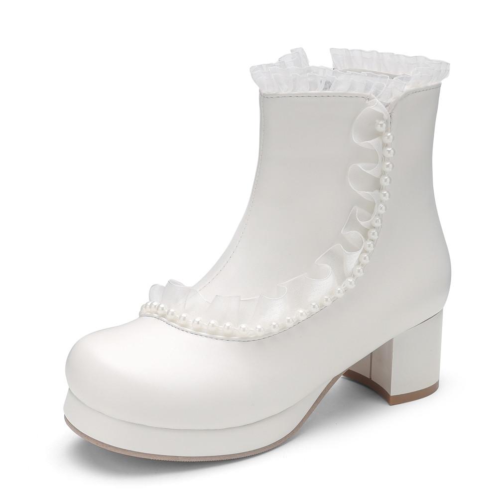 Fashion Ladies Ankle Boots Women Shoes Sweet Lace String Bead Lolita Lovely Cosplay Platform Girls Mid Heels Booties Woman Pink White