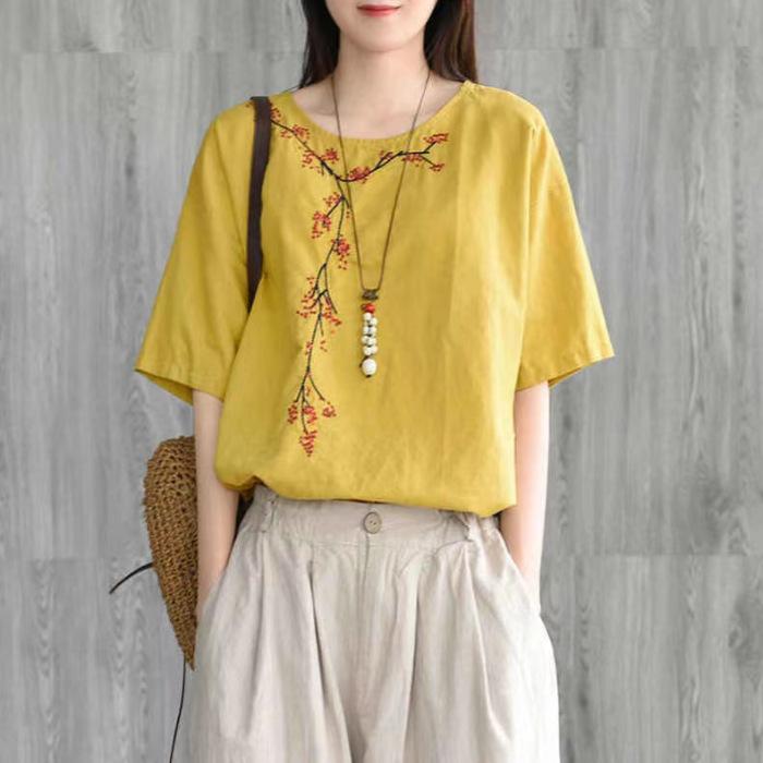 Camiseta feminina de verão solta, retrô, gola redonda, manga curta, bordada, de algodão e linho