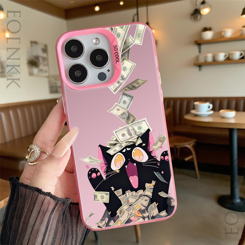 Black Cat In Money Pile Hard Phone Case for Iphone 16 15 14 13 12 11 Pro Max Mini Shockproof Anti-Scratch Protective Cover