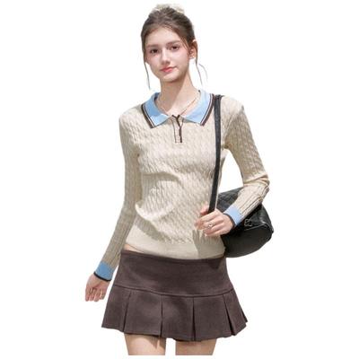 ICH MODE Contrast Polo Collar Slim Cropped Knit Top