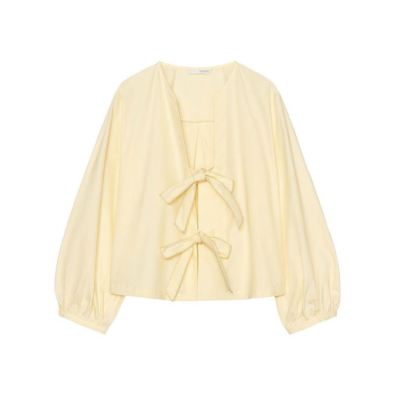Zaprha 2025 New Arrival French Fashionable Bow Decorated Poplin Long Sleeves Round Neck Loose Shirt Female 0387074