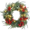 60 Cm Christmas Wreath with White LED Lights, Timer, Pine Cones, Berries and Holly, Green