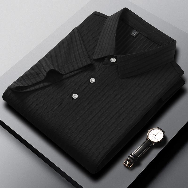 

New Men s Casual Fashion Striped Short Sleeved Collar Polo Shirt Breathable and Comfortable Summer Versatile T-shirt M чорний