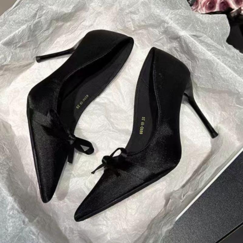 Spring New Thin Heel Single Shoes Pointed Head Shallow Mouth Butterfly Knot Set Foot Anti-slip Wear-resistant High Heels