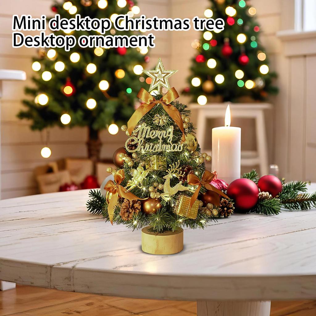 Desktop Christmas Tree, 18'' Table Top Christmas Tree With Wooden Base, Prelit Christmas Tree With Decorations For Indoor