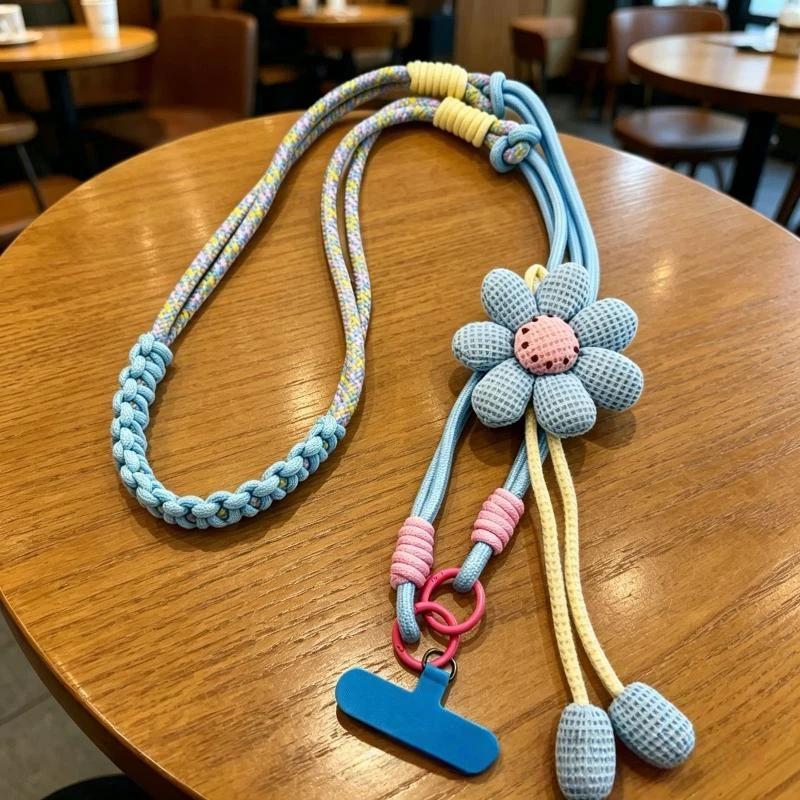 1Pcs Cute Flower Decor Adjustable Phone Lanyard Durable Braided Strap For Daily Outing Shopping Travel Anti Lost Accessory